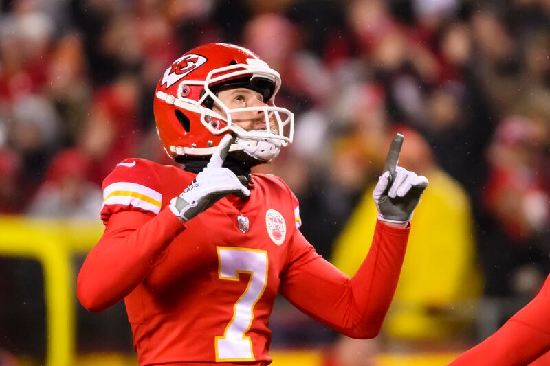 Kansas City Chiefs place kicker Harrison Butker celebrates after hitting a 50-yard field goal.