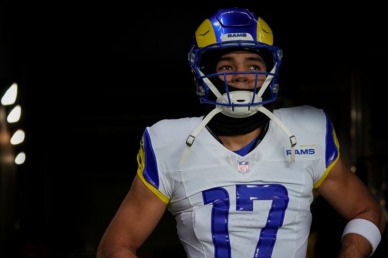 Los Angeles Rams wide receiver Puka Nacua (17) before an NFL football game against the New York Giants on Sunday, Dec. 31, 2023, in East Rutherford, N.J.