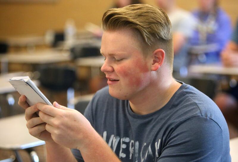 Xion Davis participates in a Positive in the Present exercise, which includes writing down three things to be grateful for, during first period at Salem Hills High School in Salem on Thursday, May 24, 2018.