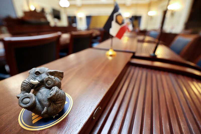 An elephant is pictured on the desk of Sen. Lincoln Fillmore in the Senate chamber in Salt Lake City on Jan. 10, 2024.