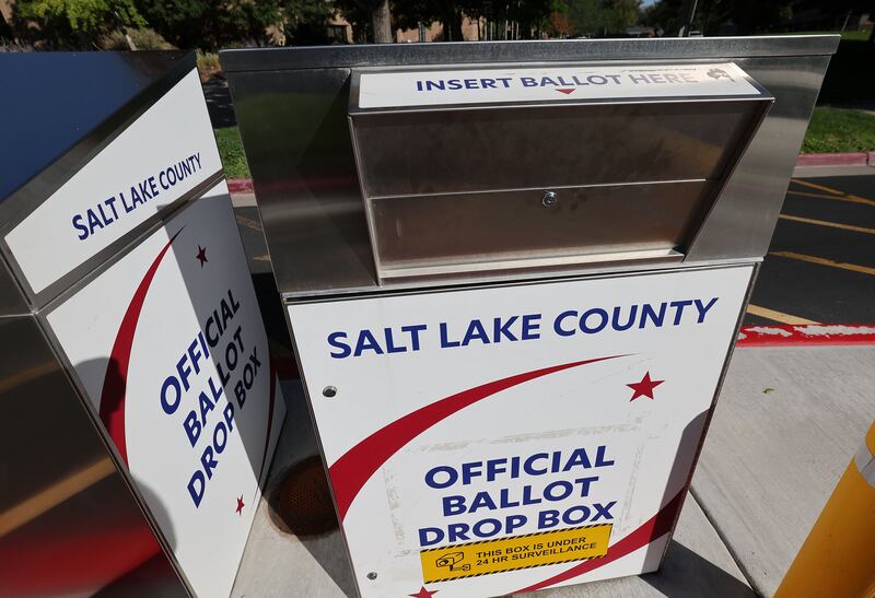 Ballot drop boxes are pictured at the Salt Lake County Government Center in Salt Lake City on Tuesday, Sept. 5, 2023.
