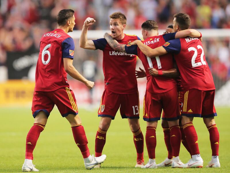 Real Salt Lake midfielder Damir Kreilach (6) celebrates with teammates after scoring RSL's first goal of the first half as Real Salt Lake and the Colorado Rapids play at Rio Tinto Stadium in Sandy on Saturday, July 21, 2018.