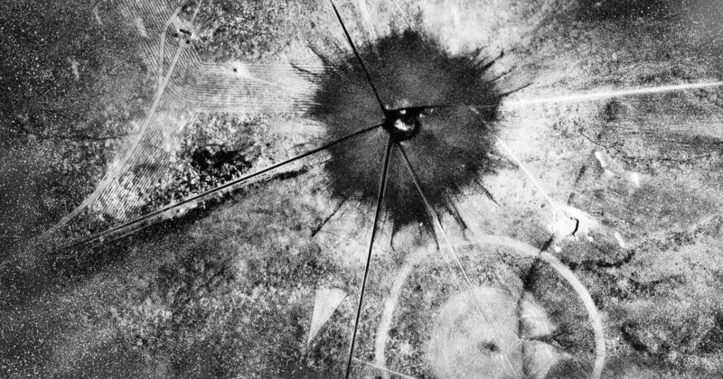 This July 16, 1945, file photo, shows an aerial view after the first atomic explosion at Trinity Test Site, N.M.