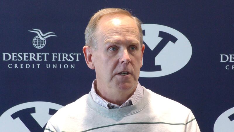 BYU athletic director Tom Holmoe talks with the media during a roundtable discussion on campus Wednesday, Jan. 30, 2019.