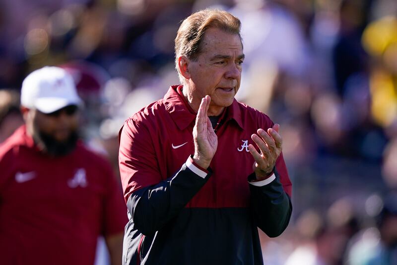 Alabama head coach Nick Saban watches warmups on the field before the Rose Bowl CFP NCAA semifinal college game against Michigan, Monday, Jan. 1, 2024, in Pasadena, Calif.