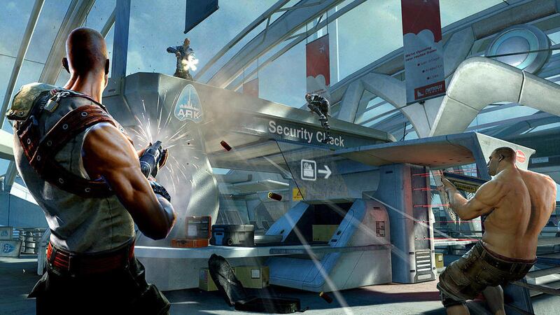 In this video game image released by Bethesda Softworks, two factions battle for control of a floating city in a scene from "Brink."