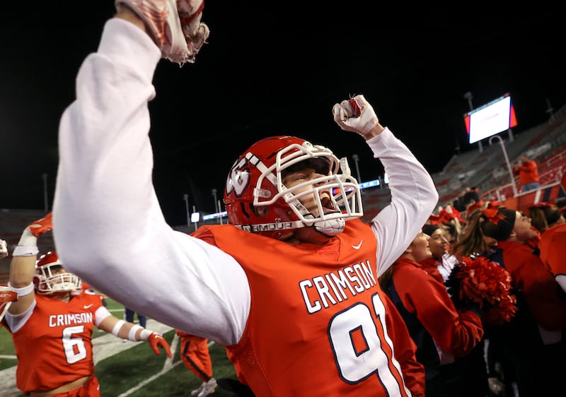 Crimson Cliffs’ Kaimana Leung-Choi celebrates winning a 4A semifinal football game against Ridgeline at Rice-Eccles Stadium in Salt Lake City on Friday, Nov. 10, 2023. Crimson Cliffs won 31-24.