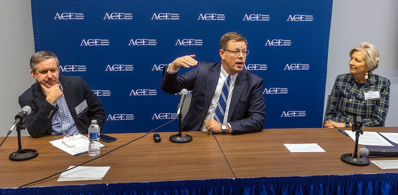 Jeff Selingo, left, Elder Clark Gilbert and Shirley Hoogstra participate in a summit on religious higher education.