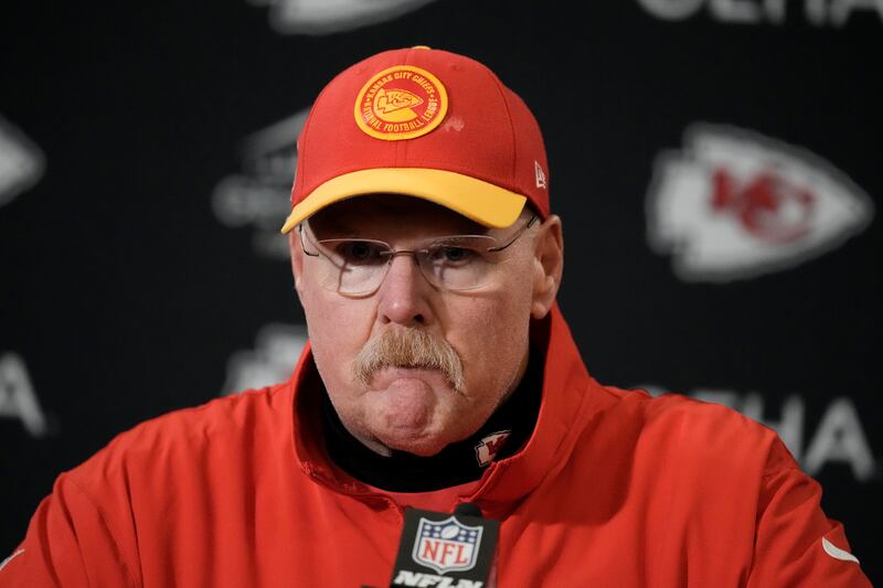 Kansas City Chiefs head coach Andy Reid speaks during a news conference following an NFL football game against the Buffalo Bills Sunday, Dec. 10, 2023, in Kansas City, Mo. The Bills won 20-17 (AP Photo/Charlie Riedel)