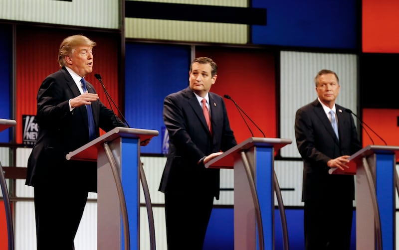 Donald Trump, Sen. Ted Cruz, R-Texas, and Ohio Gov. John Kasich debate at Fox Theatre in Detroit.