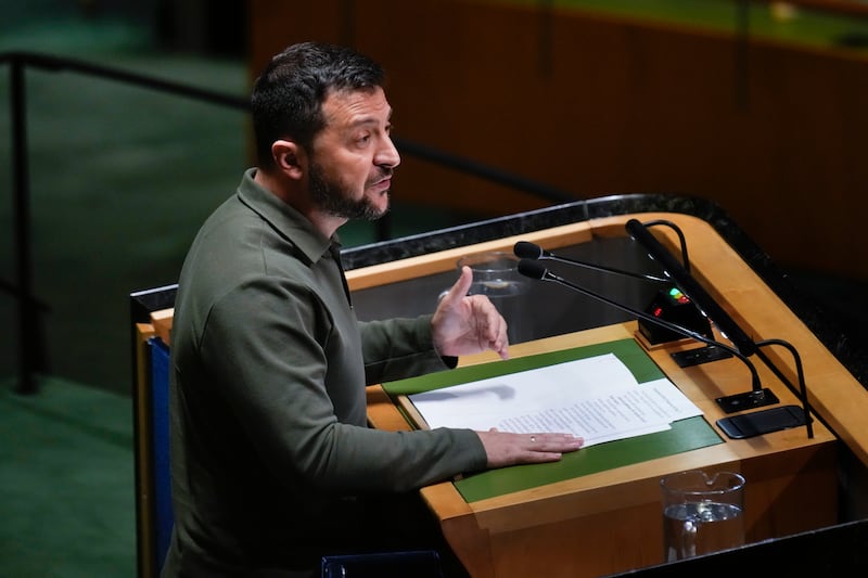 Ukrainian President Volodymyr Zelenskyy addresses the 78th session of the United Nations General Assembly.
