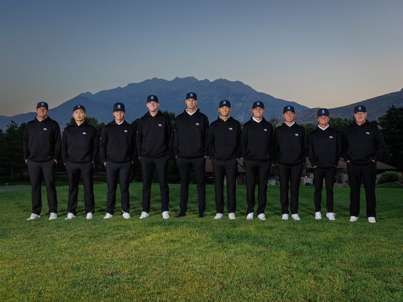 Members and coaches of the 2025-26 golf team pose for a team shot during BYU photo day on Sept. 2, 2025.