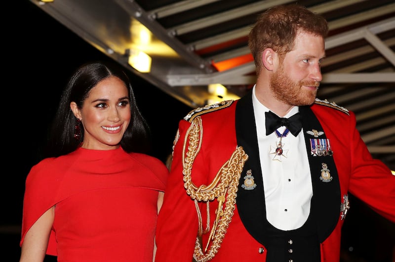 Britain’s Prince Harry and Meghan, Duchess of Sussex arrive at the Royal Albert Hall in London.