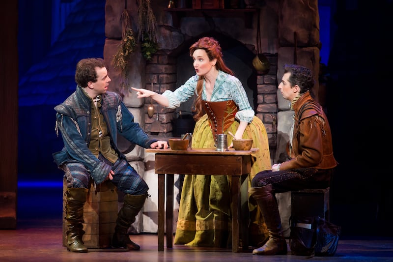 Rob McClure, left, as Nick Bottom, Maggie Lakis as Bea and Josh Grisetti as Nigel Bottom in "Something Rotten!"