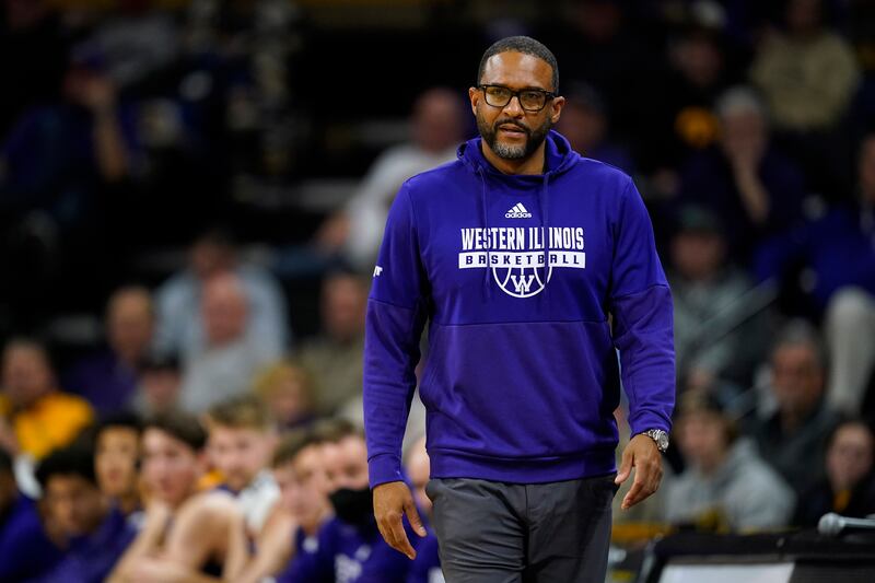 Western Illinois head coach Rob Jeter watches as his team takes on the University of Iowa, Wednesday, Dec. 29, 2021.