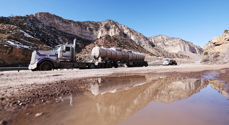 A tanker truck drives on U.S. 191 near Martin and Helper on Wednesday, March 29, 2023.