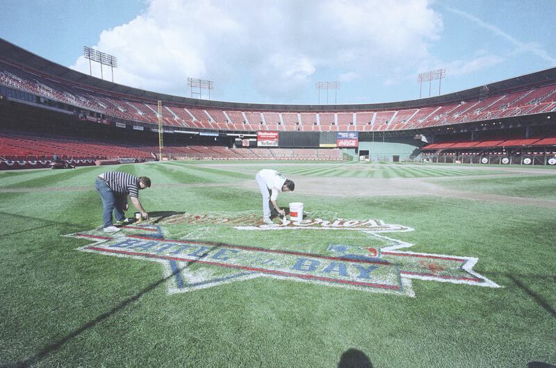 Painting the field at Candlestick Park.