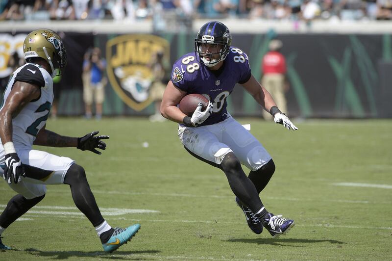 Baltimore Ravens tight end Dennis Pitta (88) runs after catching a pass in front of Jacksonville Jaguars cornerback Dwayne Gratz (27) during the first half of an NFL football game in Jacksonville, Fla., Sunday, Sept. 25, 2016.