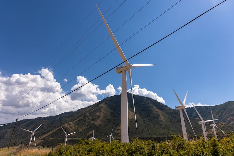 Wind turbines are seen in the Spanish Fork Wind Park in Spanish Fork.