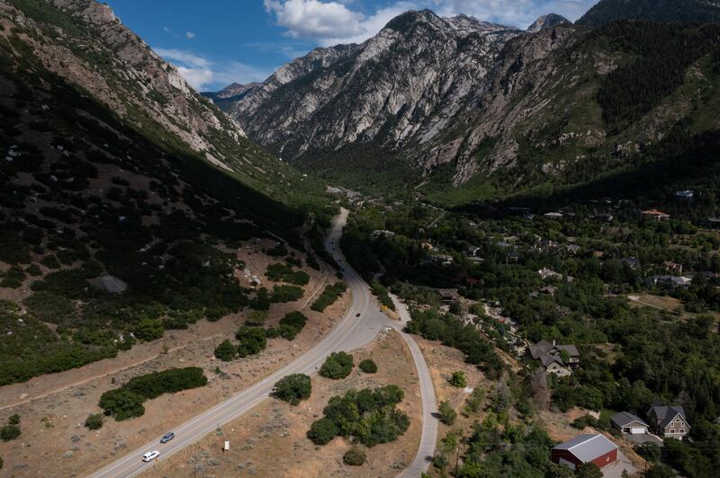 The potential site for the base station of a gondola, in the bottom center of the image between North Little Cottonwood Road and a private drive, is pictured at the base of Little Cottonwood Canyon.