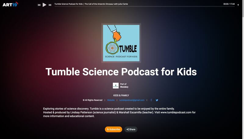 In the "Tumble Science Podcast for Kids," science journalist Lindsay Patterson and teacher Marshall Escamilla explores stories and science, bringing their discoveries to children and families.
