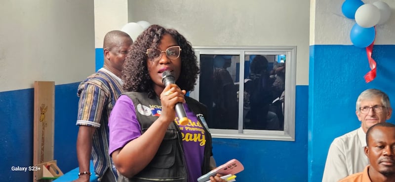 Dr. Jewel Tarpeh Kollie, health officer of Montserrado County in Liberia, speaks at the Dec. 27, 2025, ceremony celebrating the recently renovated Soniwein Health Center in Monrovia, Liberia.