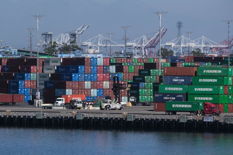 Cargo containers sit stacked at the Port of Los Angeles.