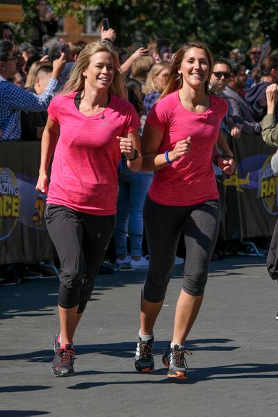 Kristi Leskinen (left) and Jen Hudak (right), X Games athletes, make their way to the starting line of New York City's Washington Square Park in the premiere of the 30th season of "The Amazing Race," which airs on Wednesdays on CBS.