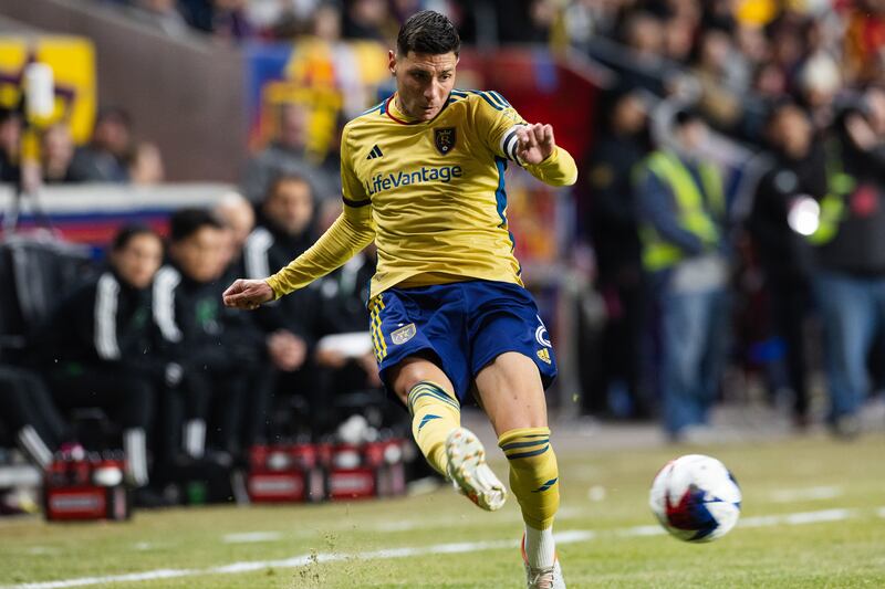 Real Salt Lake midfielder Damir Kreilach (8) passes the ball during an MLS match at America First Field in Sandy on Saturday, March 11, 2023.
