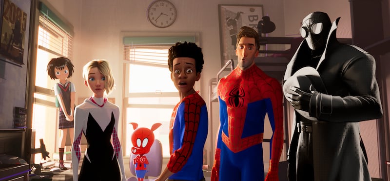 This image released by Sony Pictures Animation shows characters, from left, Peni, voiced by Kimiko Glen, Spider-Gwen, voiced by Hailee Steinfeld, Spider-Ham, voiced by John Mulaney, Miles Morales, voiced by Shameik Moore, Peter Parker, voiced by Jake John