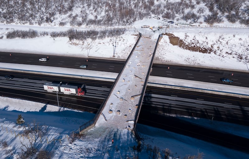 Traffic on I-80 passes under a wildlife crossing near Parleys Summit in Parleys Canyon on Thursday, Dec. 13, 2018.