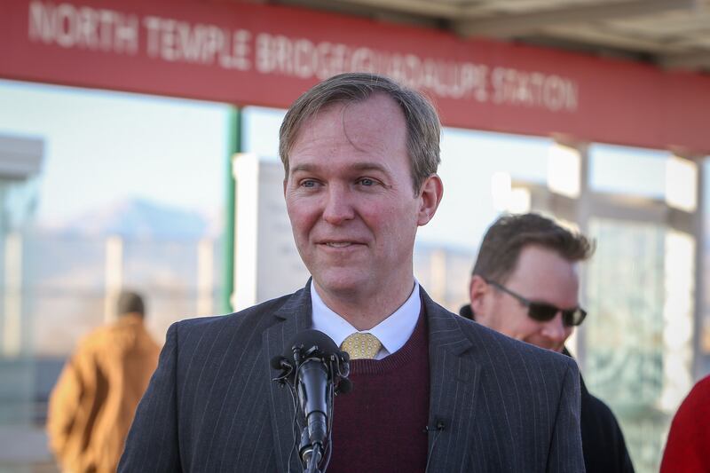 FILE - Salt Lake County Mayor Ben McAdams speaks at the press conference to announce Free Fare Friday at the North Temple Bridge/Guadalupe TRAX Station in Salt Lake on Tuesday, Dec. 19, 2017.