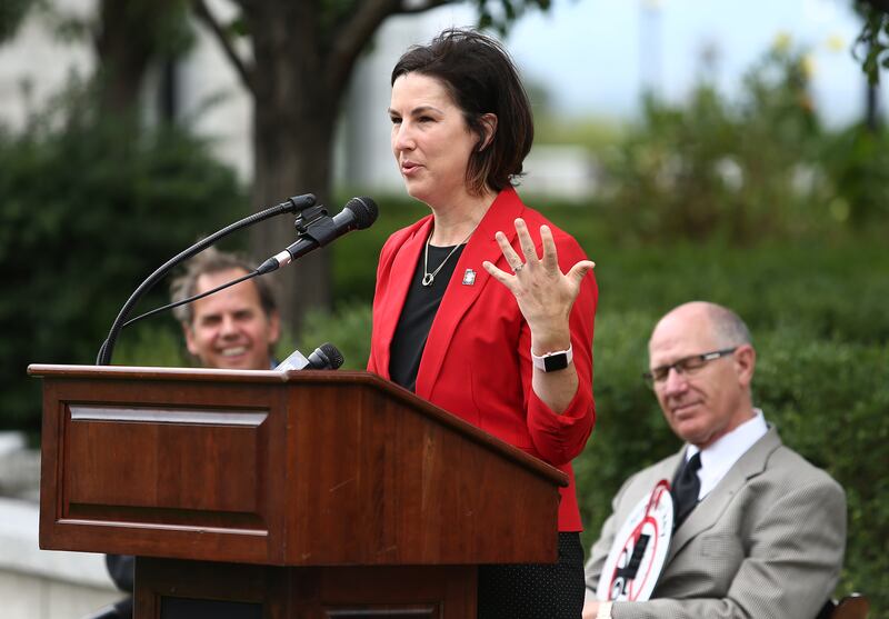 Rep. Suzanne Harrison, D-Draper, speaks as officials mark the 12th annual Governor’s Idle Free Declaration in Salt Lake City on Sept. 16, 2019. Harrison, now a Salt Lake County Council member, was nominated to the Utah the Utah Air Quality Board by Gov. Spencer Cox, but that nomination has been withdrawn.