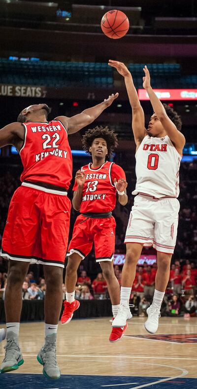 Utah guard Sedrick Barefield shoots against Western Kentucky in the semifinal round of the 2018 NIT in Madison Square Garden in New York City on Tuesday, March 27, 2018.
