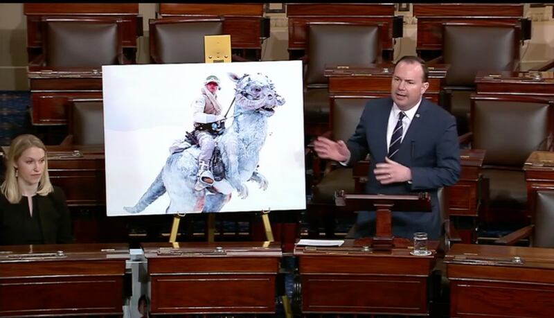 Utah Sen. Mike Lee delivers a speech criticizing the Green New Deal ahead of a Senate vote on the legislation on Tuesday.