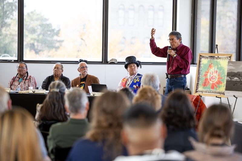 Mark Maryboy speaks during a panel discussion on Native American boarding schools at the Leonardo Museum in Salt Lake City.