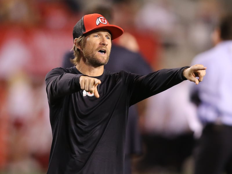 Co-offensive coordinator Aaron Roderick prior to the game as the University of Utah defeats Cal 30-24 in PAC12 NCAA football Saturday, Oct. 10, 2015, in Salt Lake City, Utah.