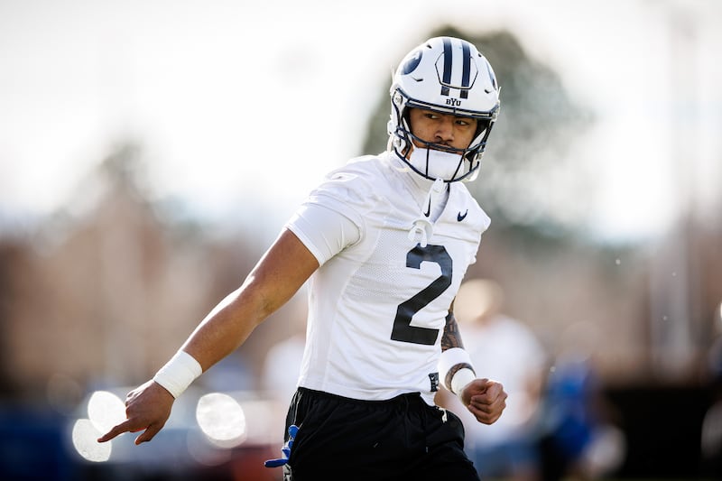 BYU tight end Roger Saleapaga in action during spring camp in Provo on Feb. 27, 2026.