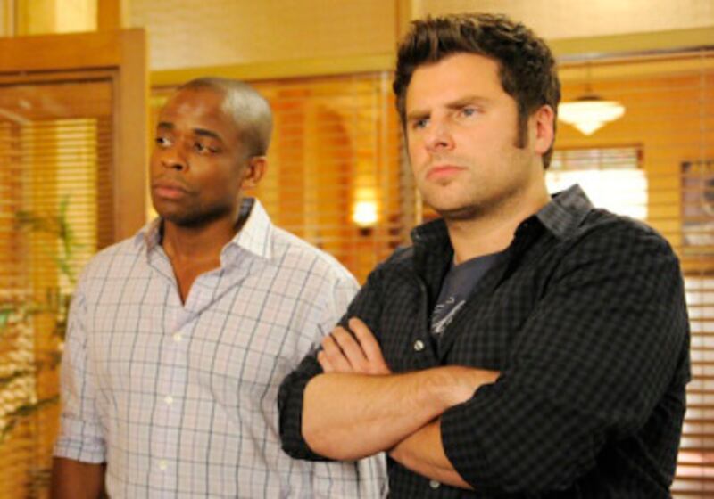 Dule Hill as Burton 'Gus' Guster and James Roday as Shawn Spencer appear in the finale of Psych."
