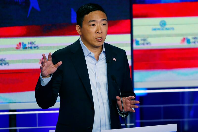 Democratic presidential candidate entrepreneur Andrew Yang speaks during the Democratic primary debate hosted by NBC News at the Adrienne Arsht Center for the Performing Arts, Thursday, June 27, 2019, in Miami.
