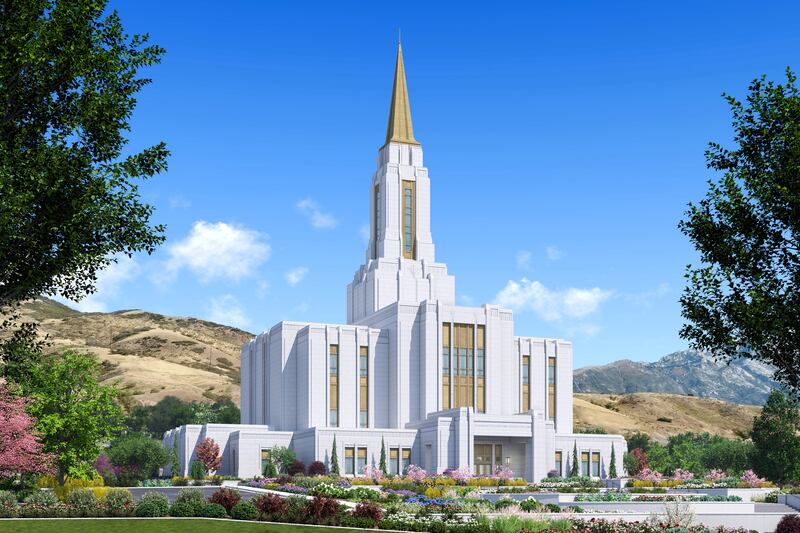 An exterior rendering of the Lehi Utah Temple, a building with tall rectangular windows surrounding the off-white exterior, with a tower and pointed spire atop the center of the building.