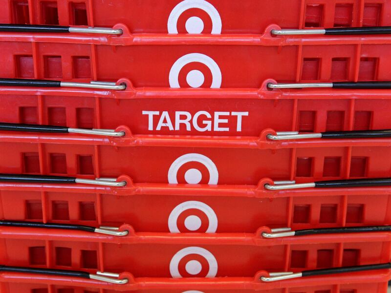 Shopping baskets are stacked at a Chicago-area Target store.