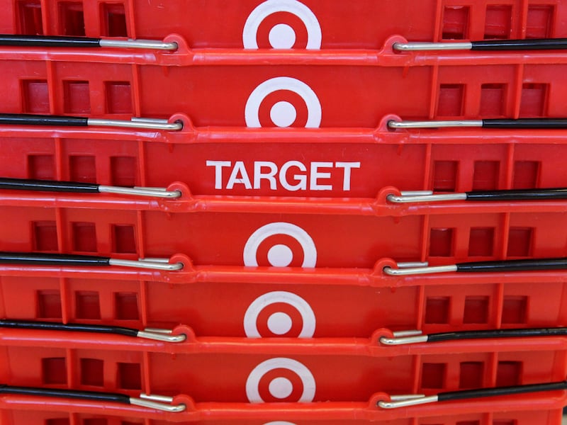 Shopping baskets are stacked at a Chicago-area Target store.