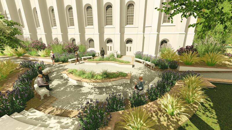 Rendering of the baptistry exit plaza at the St. George Utah Temple. The temple will close Nov. 4 for extensive renovations.