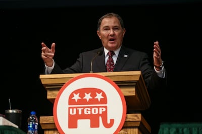 Utah Governor Gary Herbert speaks at the Utah GOP convention at the Utah Valley University campus UCCU Center in Orem on Saturday, May 4, 2019.