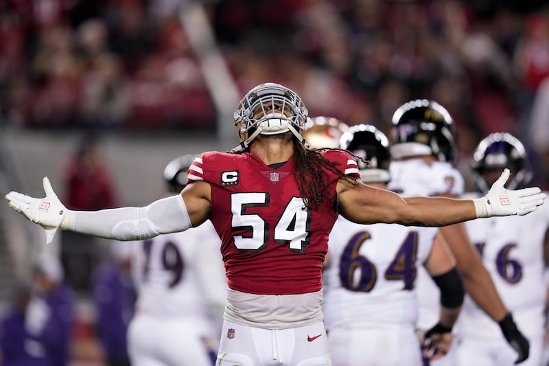 San Francisco 49ers linebacker Fred Warner reacts during an NFL game against the Baltimore Ravens on Dec. 25, 2023.