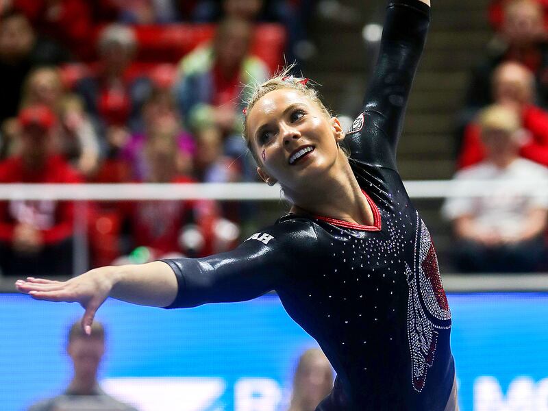 MyKala Skinner performs her floor routine as Utah and Michigan battle it out in Gymnastics at the Huntsman Center in Salt Lake City on Saturday, March 2, 2019.