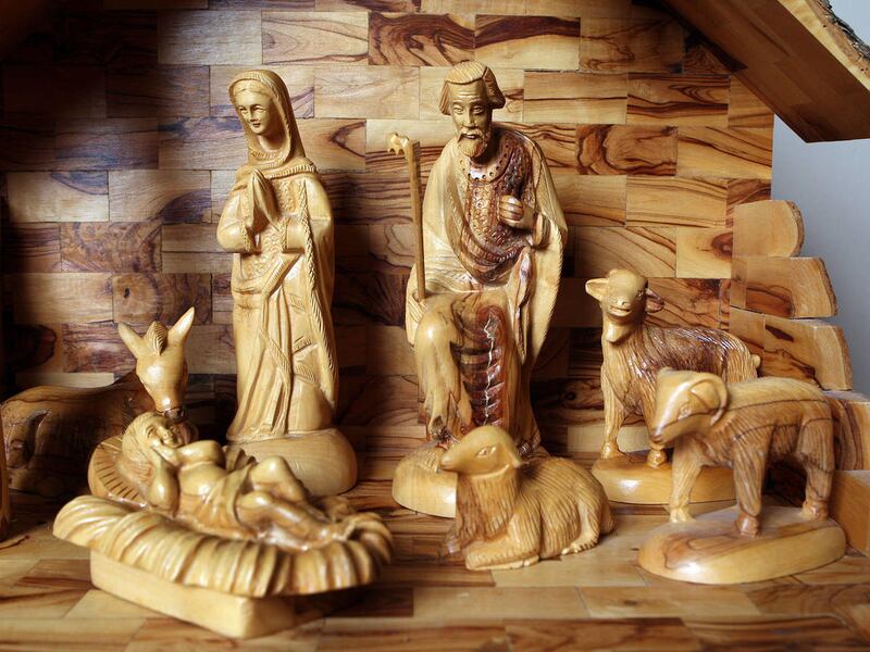 A Nativity scene made from trimmings of olive trees in Bethlehem.