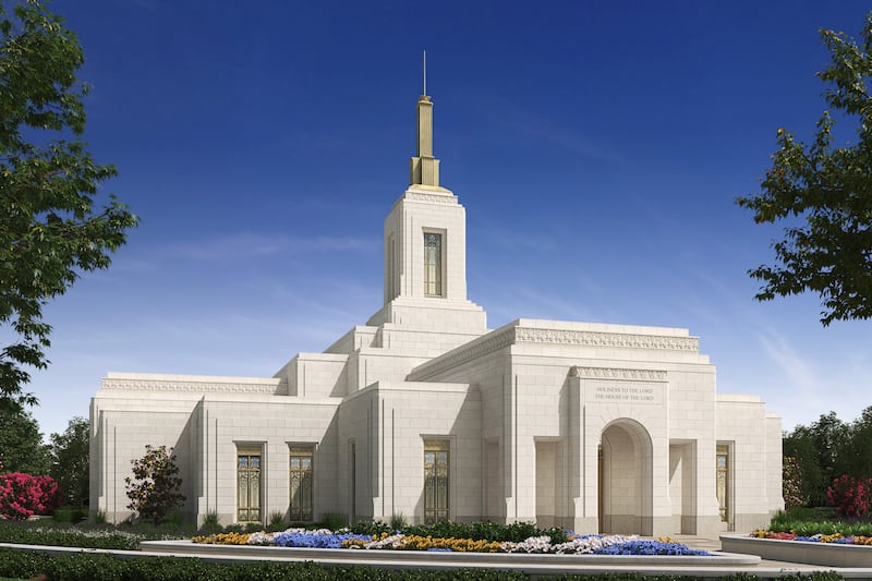 An exterior rendering of the Fairview Texas Temple, a white, one-story building with a center tower and spire.