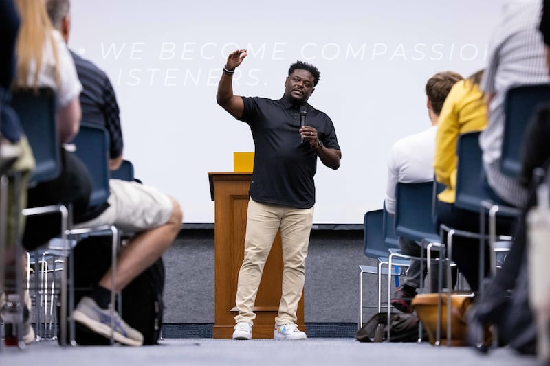The Rev. Dr. Derwin Gray, a former BYU and NFL player, speaks about racism during a presentation on the BYU campus.